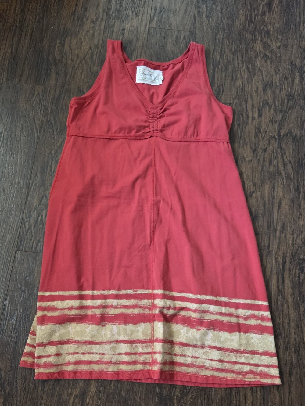 Aventura Coral Red Midi Dress with Gold Stripes